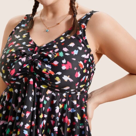 Allover Print V Neck Gathered Swim Top XL us size 14 - Picture 3 of 4